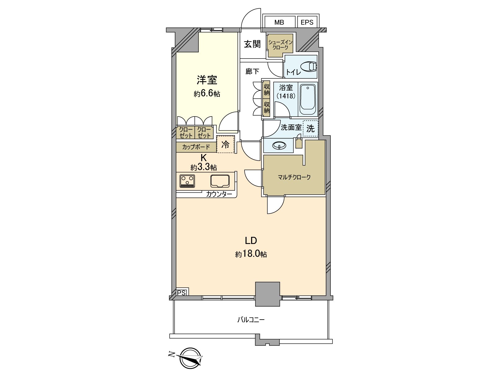 Plan of "1LDK" with the West Terrace. Exposure to the sun is good because of an 8th floor part. LDK has area more than 20 quires, and island kitchen counter is adopted. It is provided with abundant storing including multi-cloakroom and SIC.