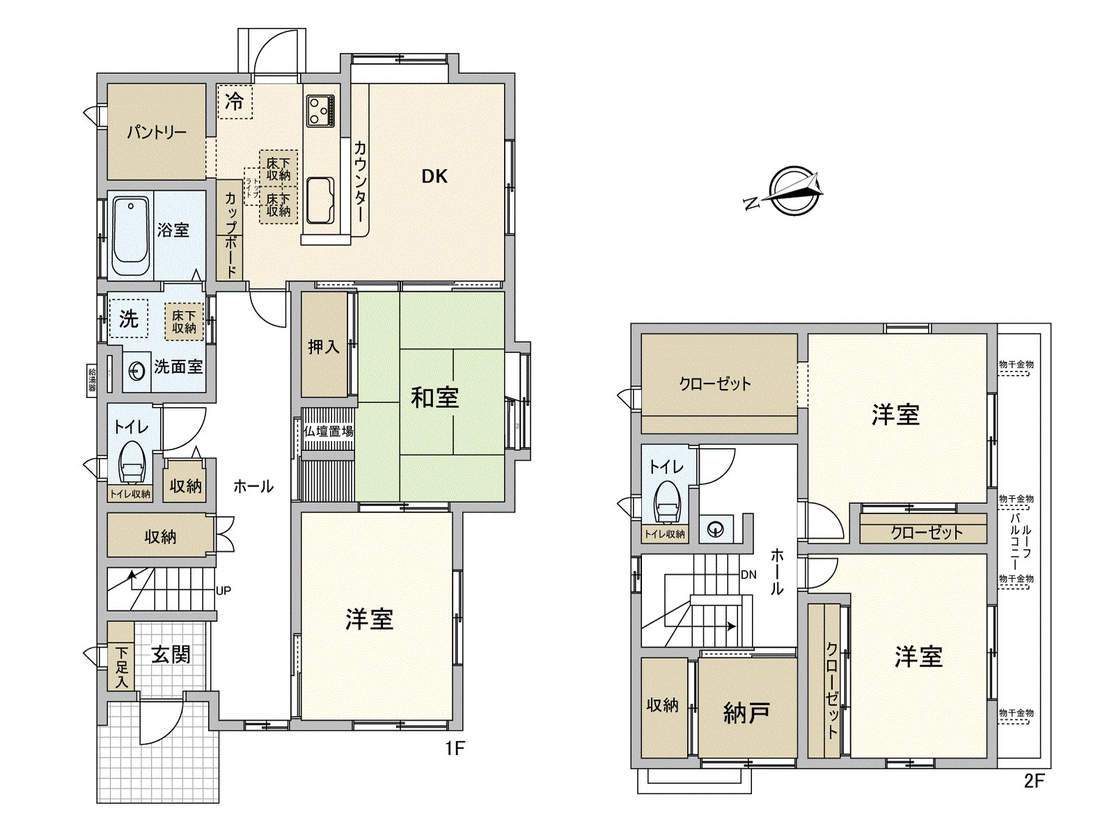 收纳被到处为储藏室以及走廊收纳，地板下边收纳设定。到底DK，日式房间，西式房间继续，是间隔，并且可以利用。