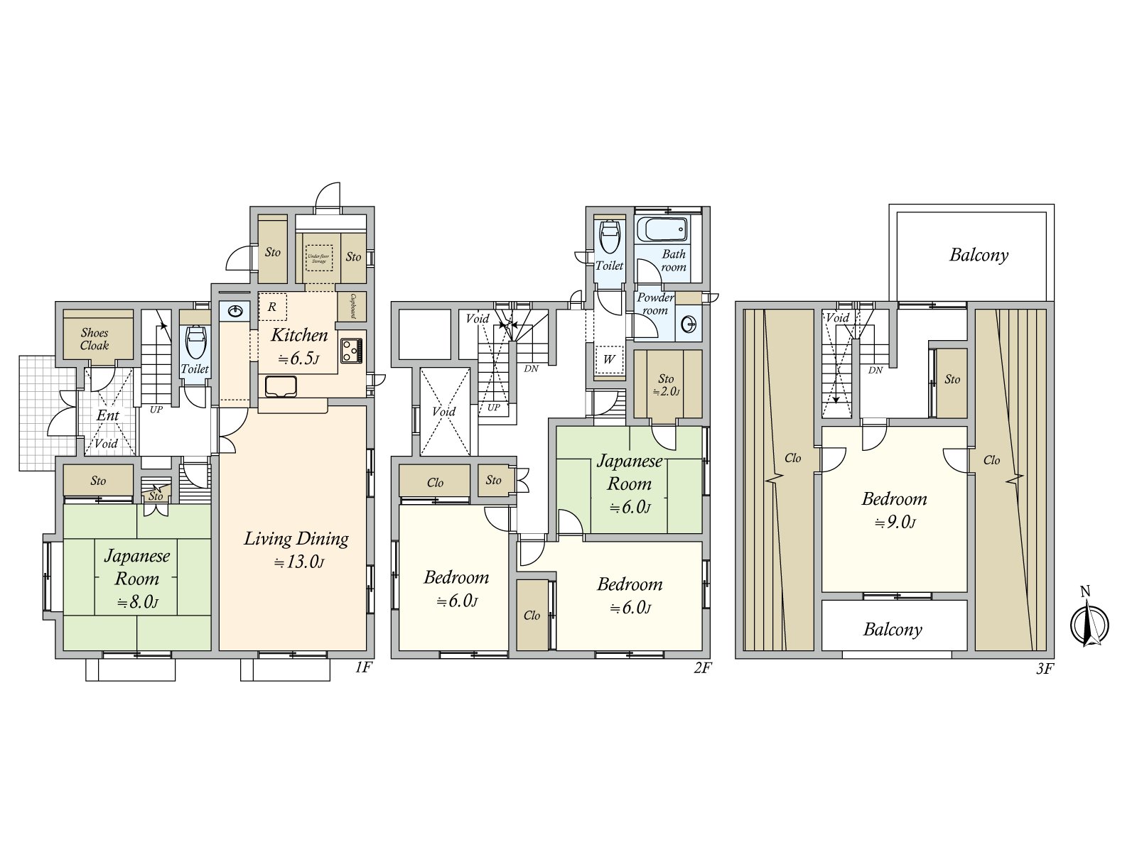 A residence of Mitsui Home design, the construction. It is a 3-story house with the storing in Kakuwa Western-style room or a corridor. Two of the south side, the north side include terrace.