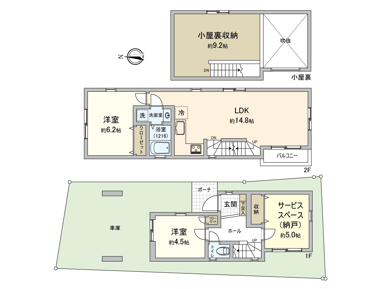 A house of 2SLDK. 2nd floor LDK about 14.8 quires are designs considered in privacy. The back of about 9.2 quires of huts storing is accessible on stairs from LDK.