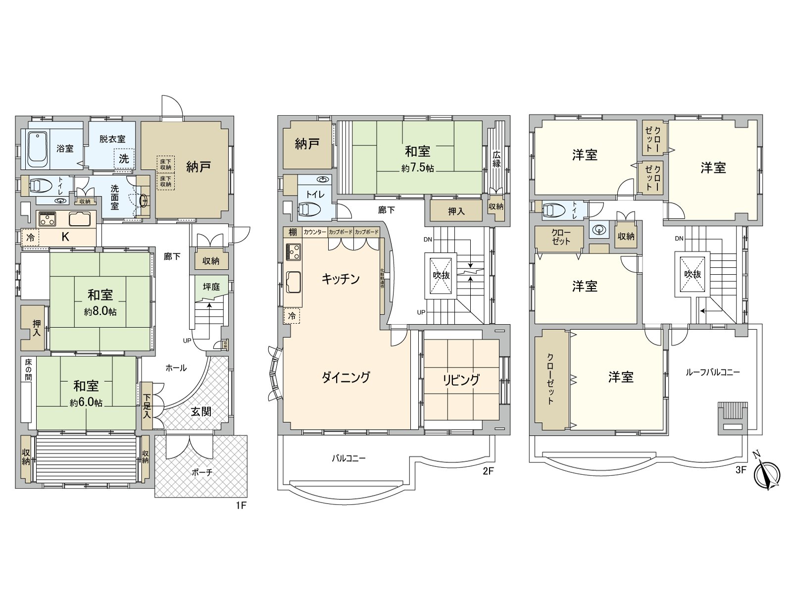 The house which is with roof balcony, and has good exposure to the sun. A kitchen is established in 1st, 2nd floor and is the Plan which is available as Duplex House. The Western-style room is placed in the 3rd floor in a mass and can spend private time carefully.