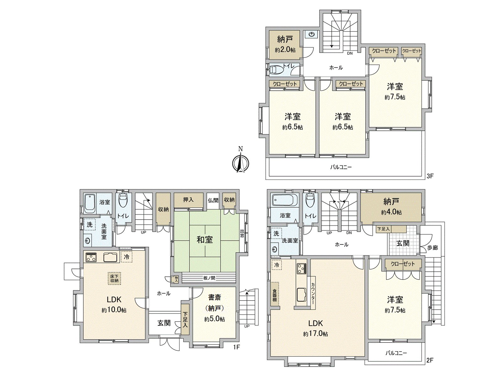 A certain good space Duplex House, 1SLDK+4SLDK per positive. LDK is opening-like space in Facing South brightly together. The everywhere including the storeroom and floor lower storing is provided with storing and can secure a residential space widely.