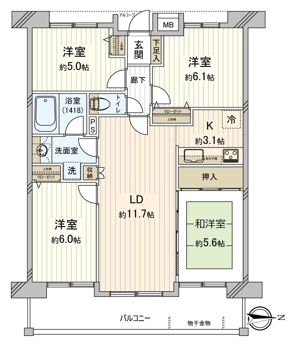 通風、風景良好的東面朝向的4LDK。走廊少，并且能有效地靈活運用私人使用面積的房型被采用。在全居室有收納，房間一下子剪，整理。