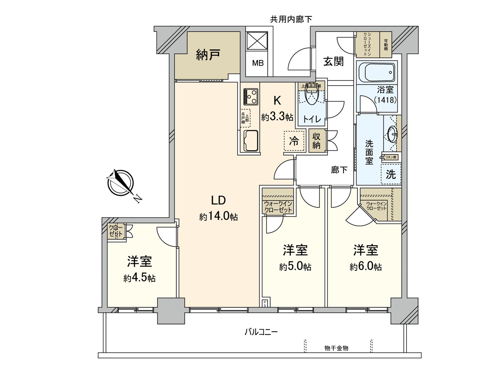 全居室面向陽台，開放性的印象的3LDK。同WIC以及SIC，LDK鄰接的儲藏室收納也豐富。