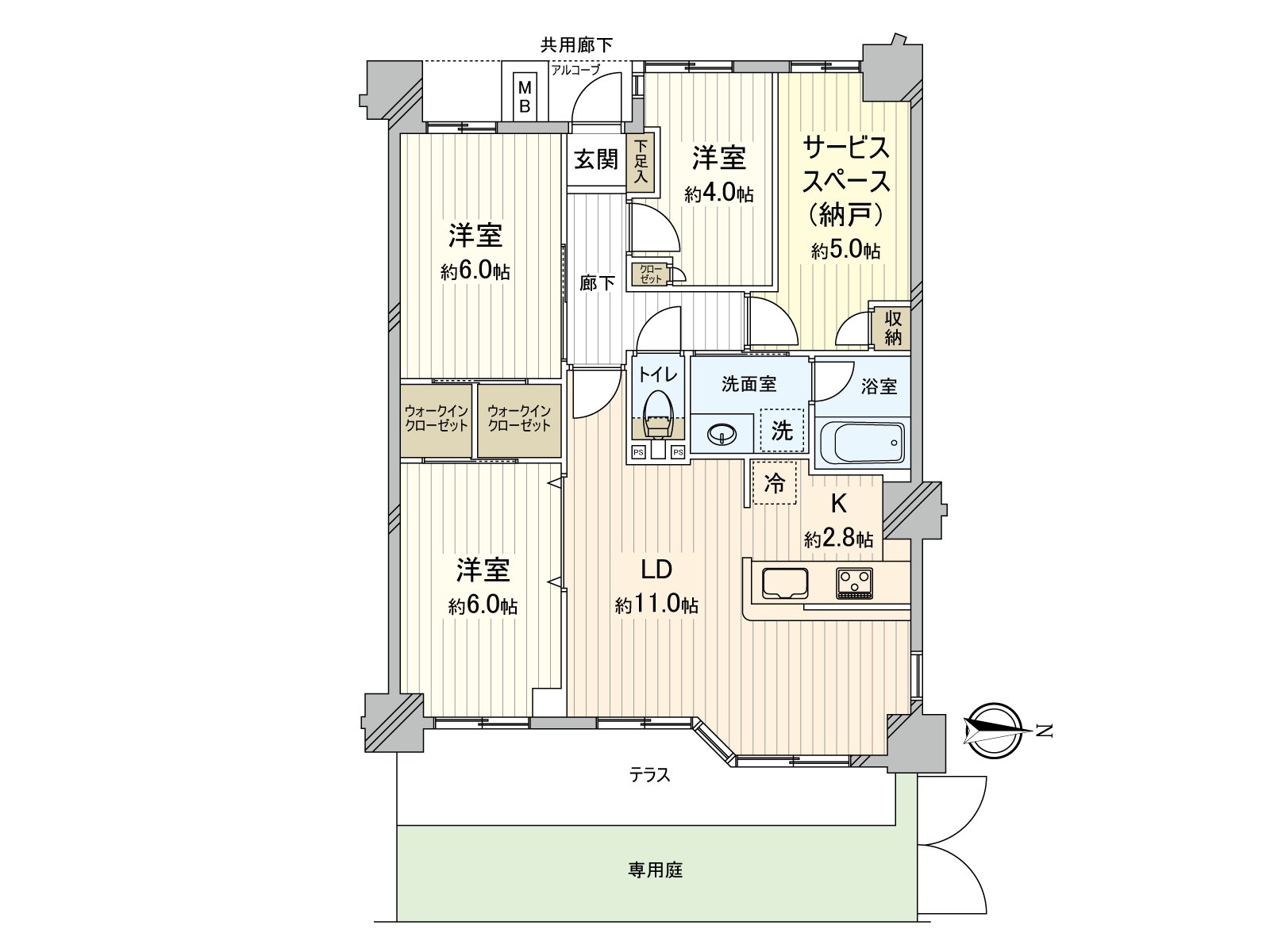 It is a dwelling unit of 3LDK+S where Terrace facing east and an exclusive garden were installed in. The everywhere is provided with the storing including the shoes box, and WIC two can use the house space widely other than service space.
