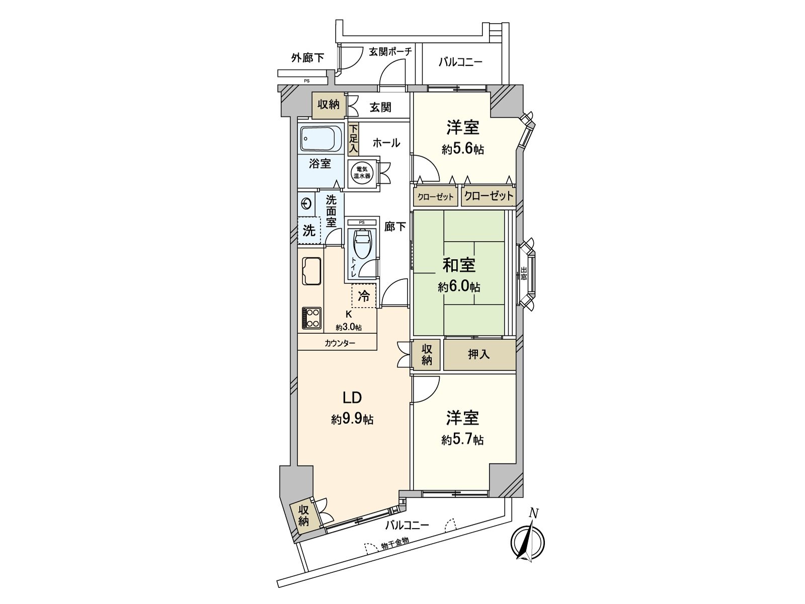 是具有东南朝向和西北朝向的阳台的3LDK住戸。到处具有收纳，活用的话能广泛地使用室内。