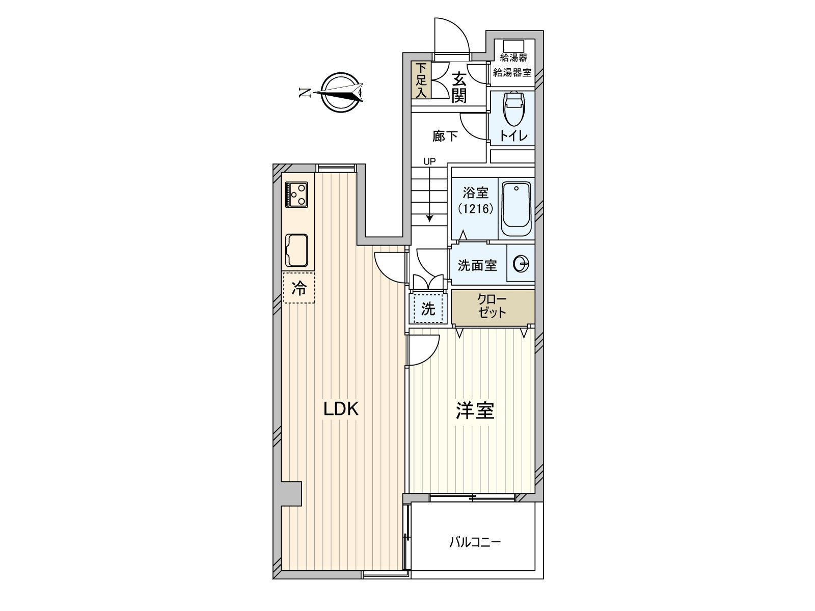 LDK是南、西、東的3面采光。全居室面向陽台，有開放感覺。廚房能在貼墻式有效活用住空間。