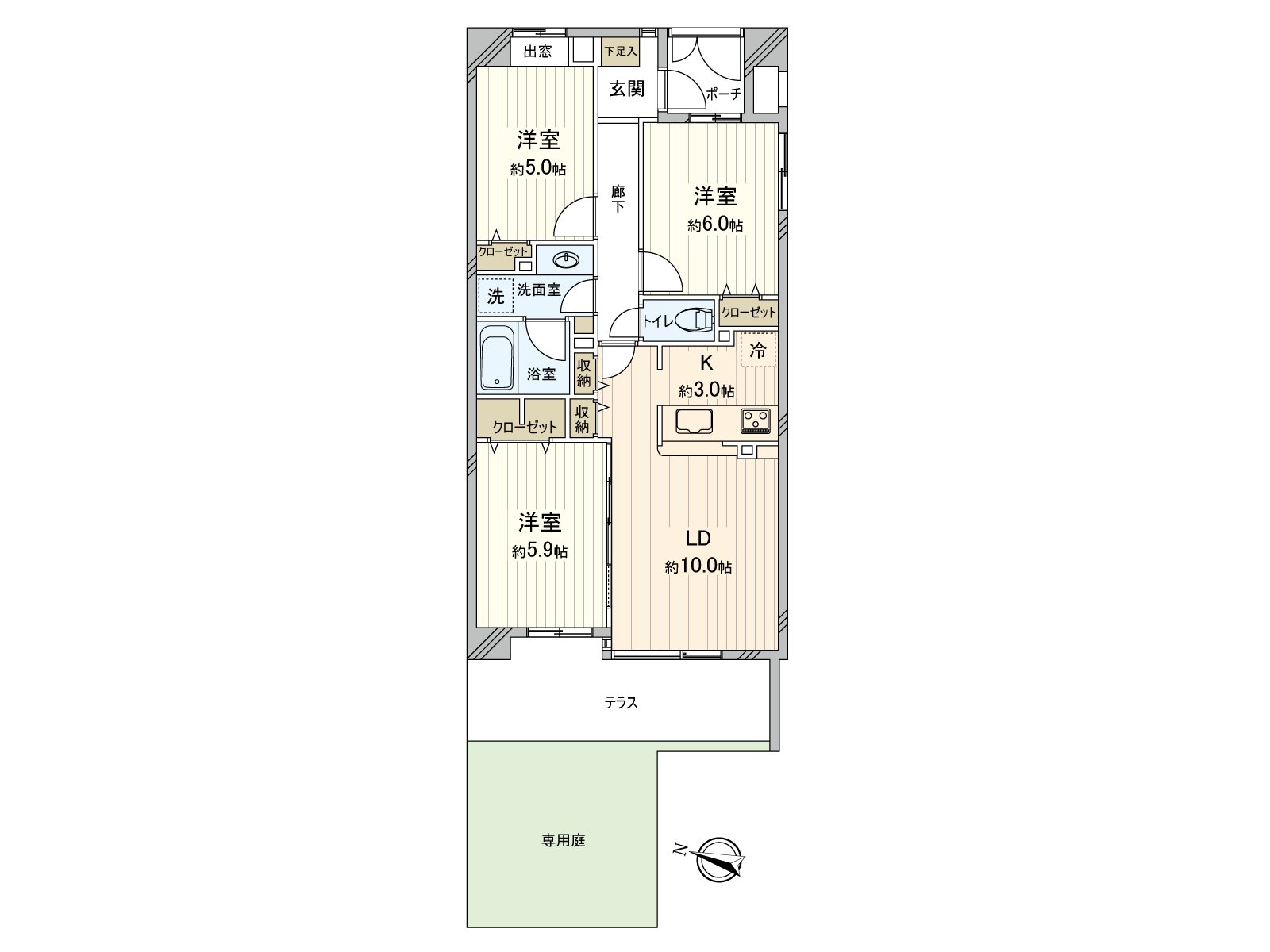 是有LDK和西式房间(约5.9张塌塌米)面向南西露台的开放感觉的房型设计。不在意到楼下的生活声音，能渡过的1階部分住戸。Terrace的先专用院子正连接。