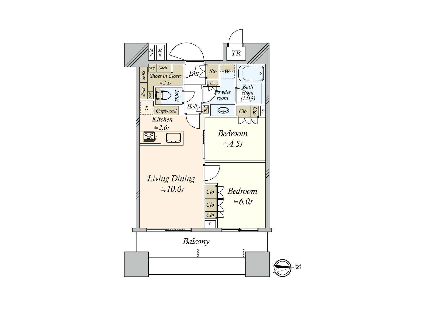 約2.1帖のシューズインクローゼットを含む、豊富な収納が設けられた住戸。開口部は東向きです。