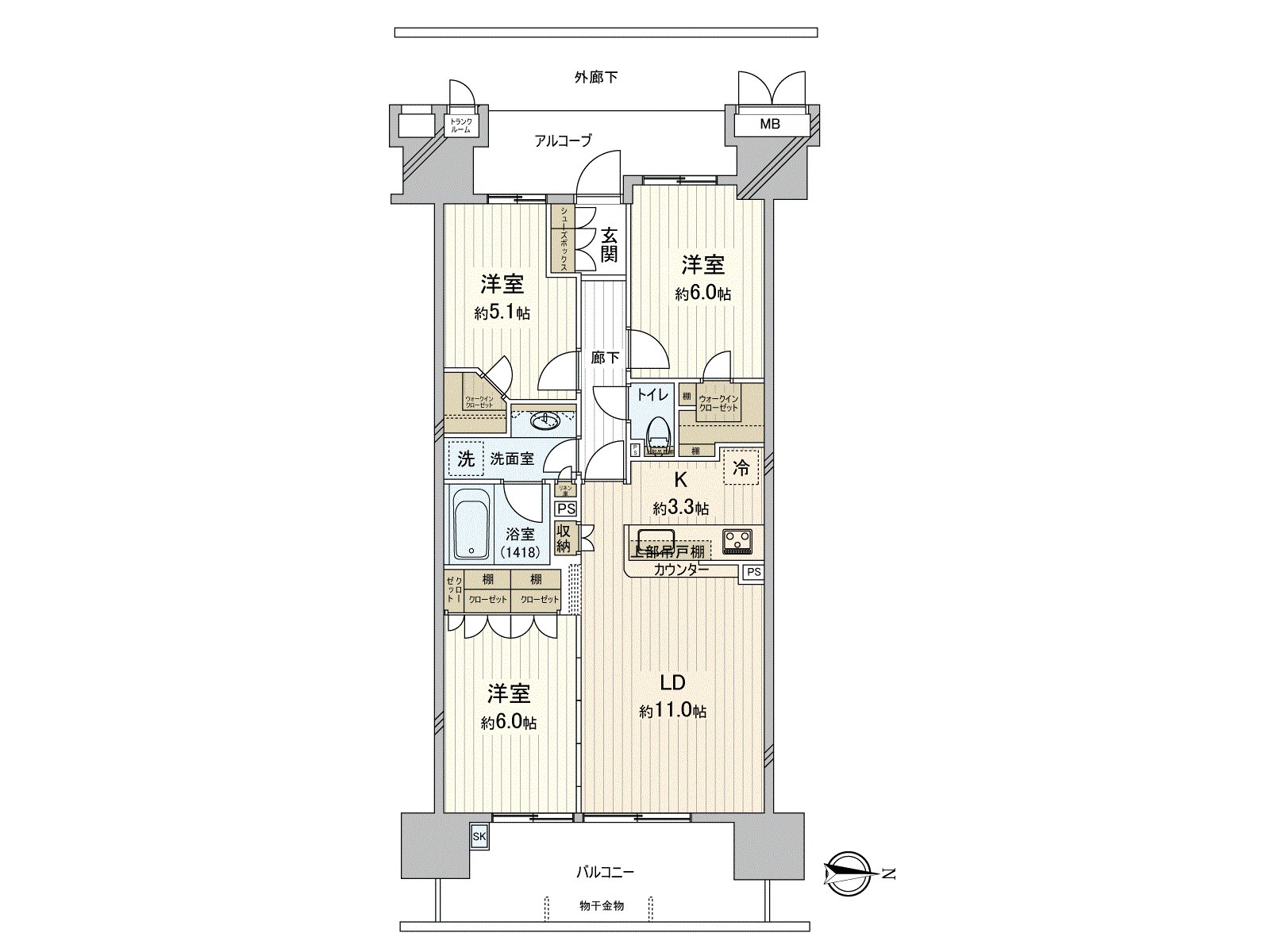 有舒適的71.35平方公尺的3LDK住戸。貯藏室，嵌入式衣櫃，毛巾收納處等的多彩的存儲空間充實。同生活鄰接的西式房間根據用途自由地可以使用。