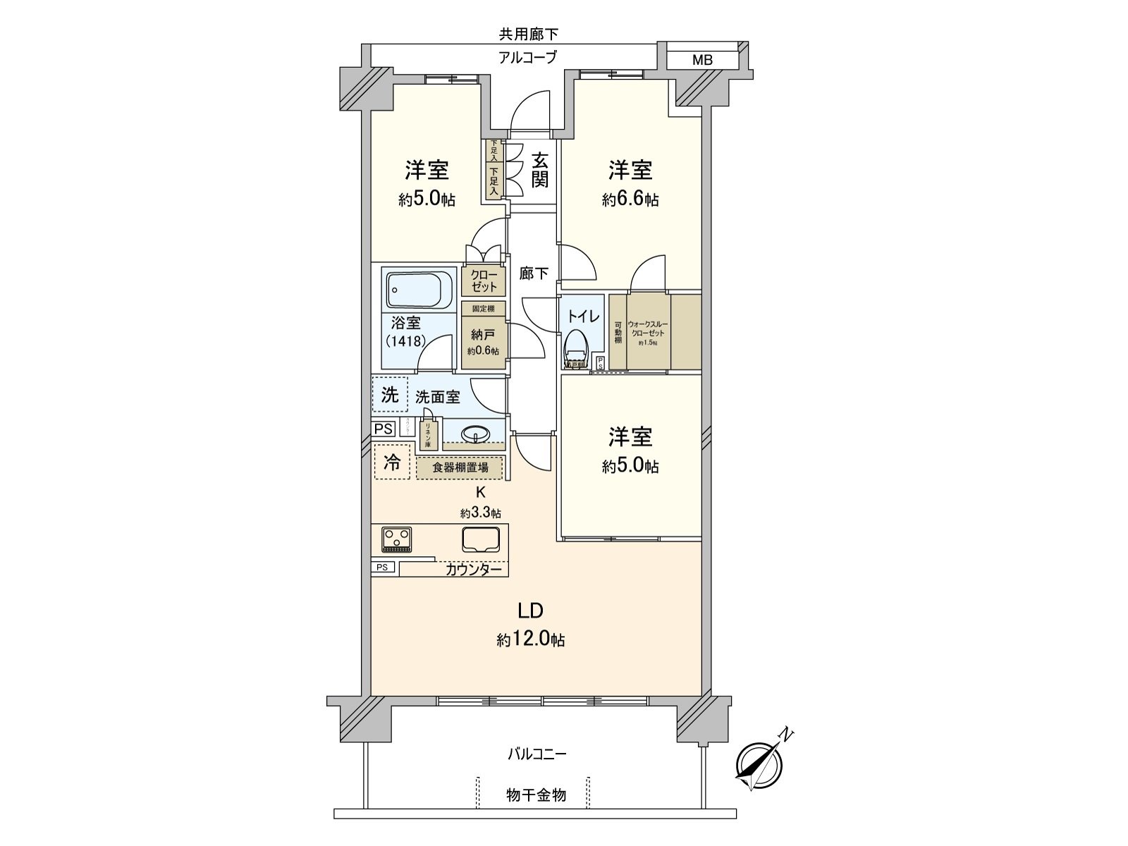 适合东南的住戸。包括约0.6张塌塌米储藏室以及走过壁橱在内，到处具有收纳设备，能广泛地确保居住空间。有被在隐私考虑的alcove。