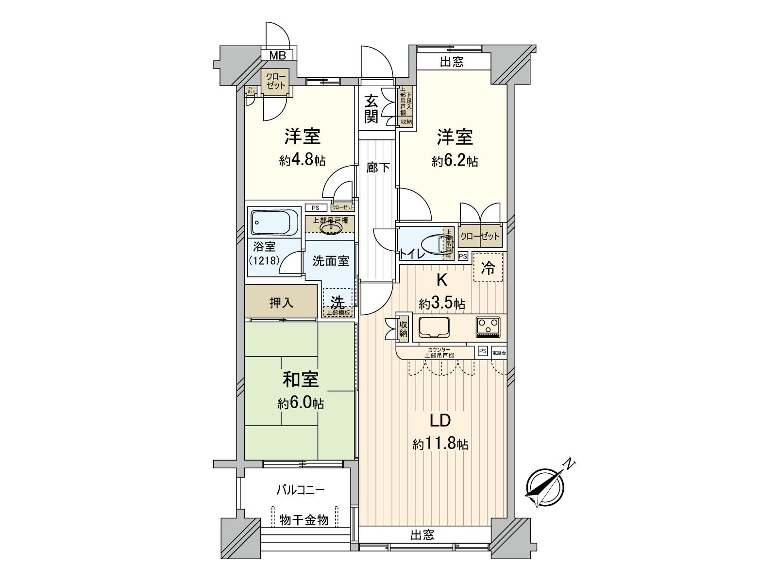 面向东南的，作为阳光良好度的3LDK。因为开放式厨房被采用一边感到家族的样子所以，一边可以家务。在家务空间或者午睡空间可以灵活使用同LDK邻接的日式房间。
