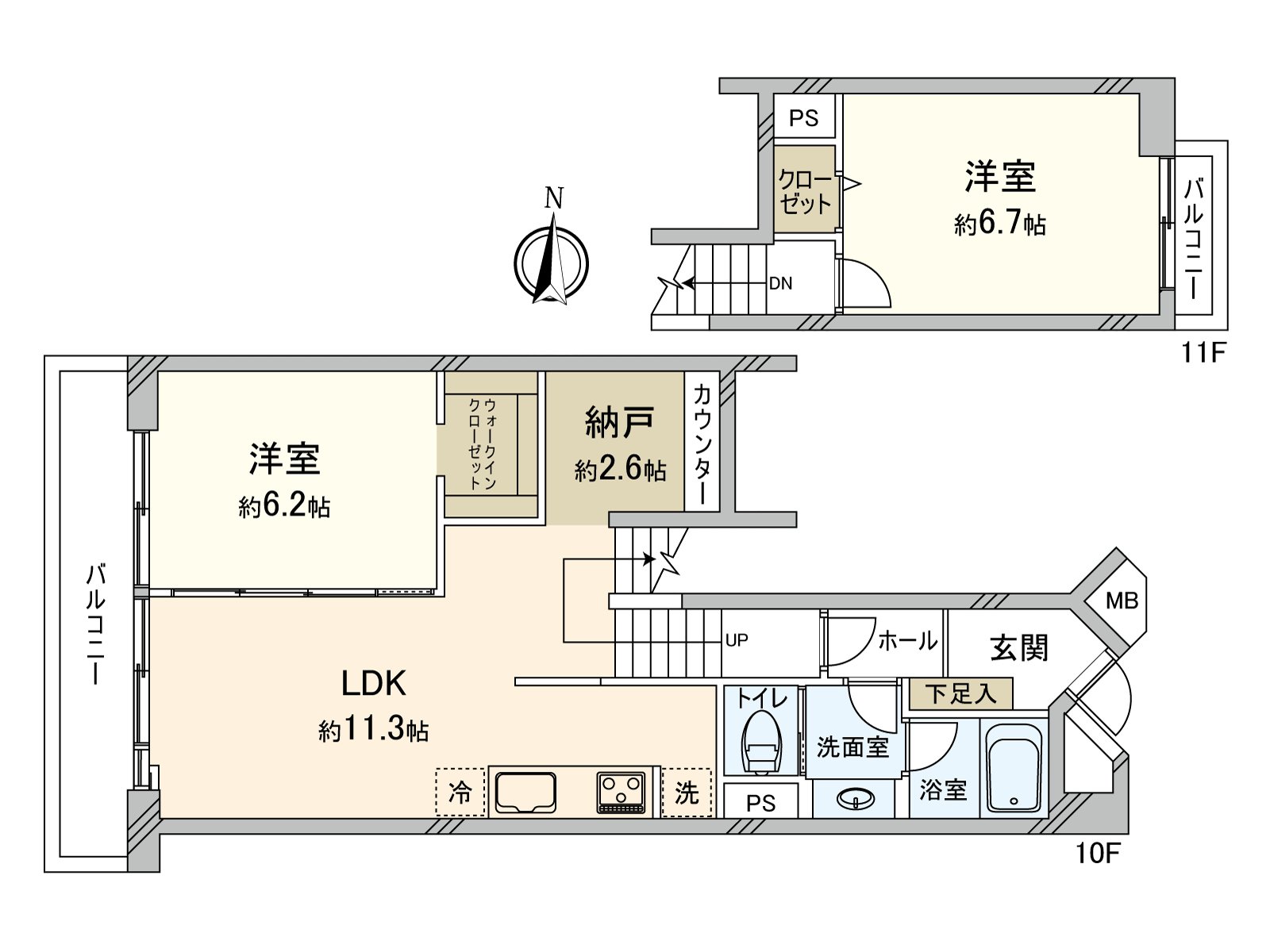 是实际使用面积73.12平米，别墅型"2SLDK"的住戸。面向西、东面的2面阳台被设置。步入式衣帽间以及约2.6张塌塌米的储藏室收纳丰富。