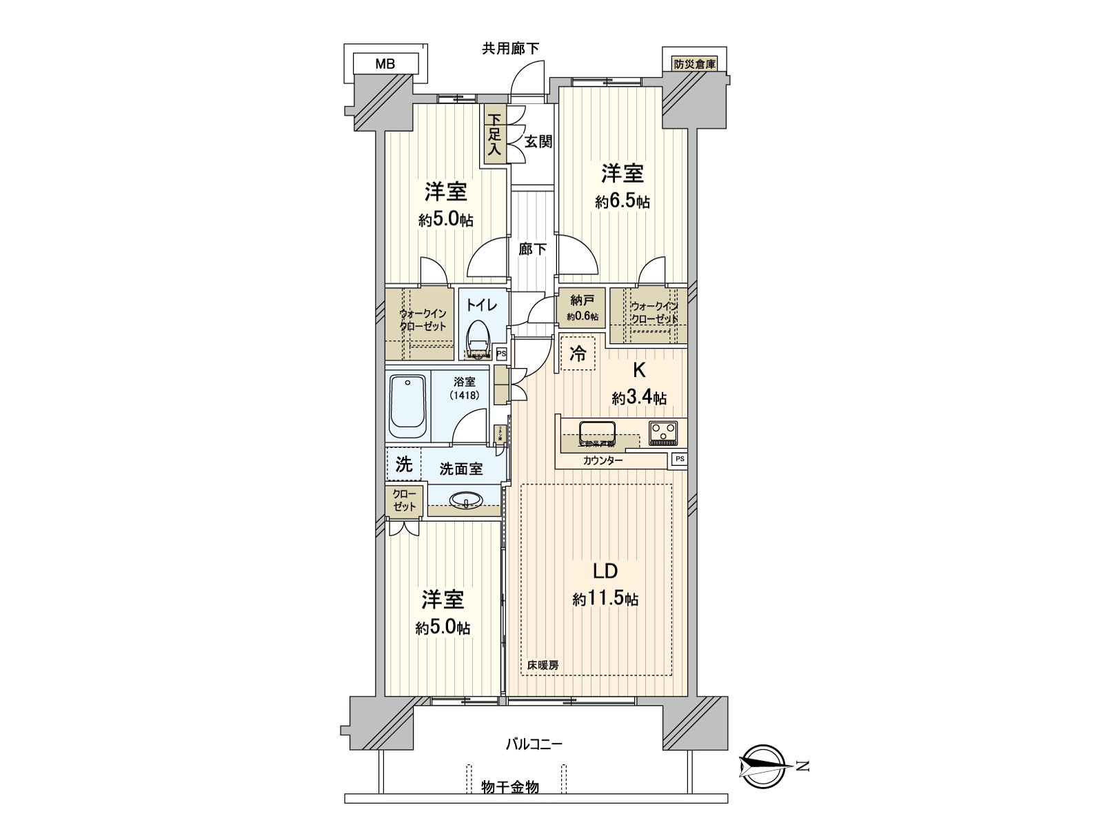 风景、通风良好的东面朝向的住戸。在约11.5张塌塌米客餐厅，地板暖气被设置。打开邻接的约5.0张塌塌米西式房间的拉门，继续，也能作为间隔利用。包括储藏室以及WIC在内，全居室有收纳。