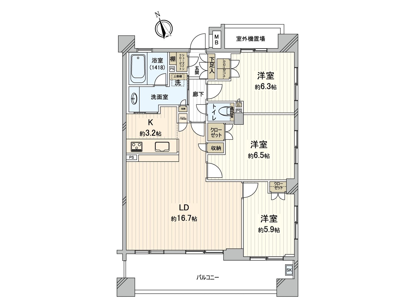洗臉室能進出廚房和走廊的2WAY式樣。是被對家務流跡線考慮的房型設計。因為全居室有存儲空間所以能和感覺清醒保持住空間。
