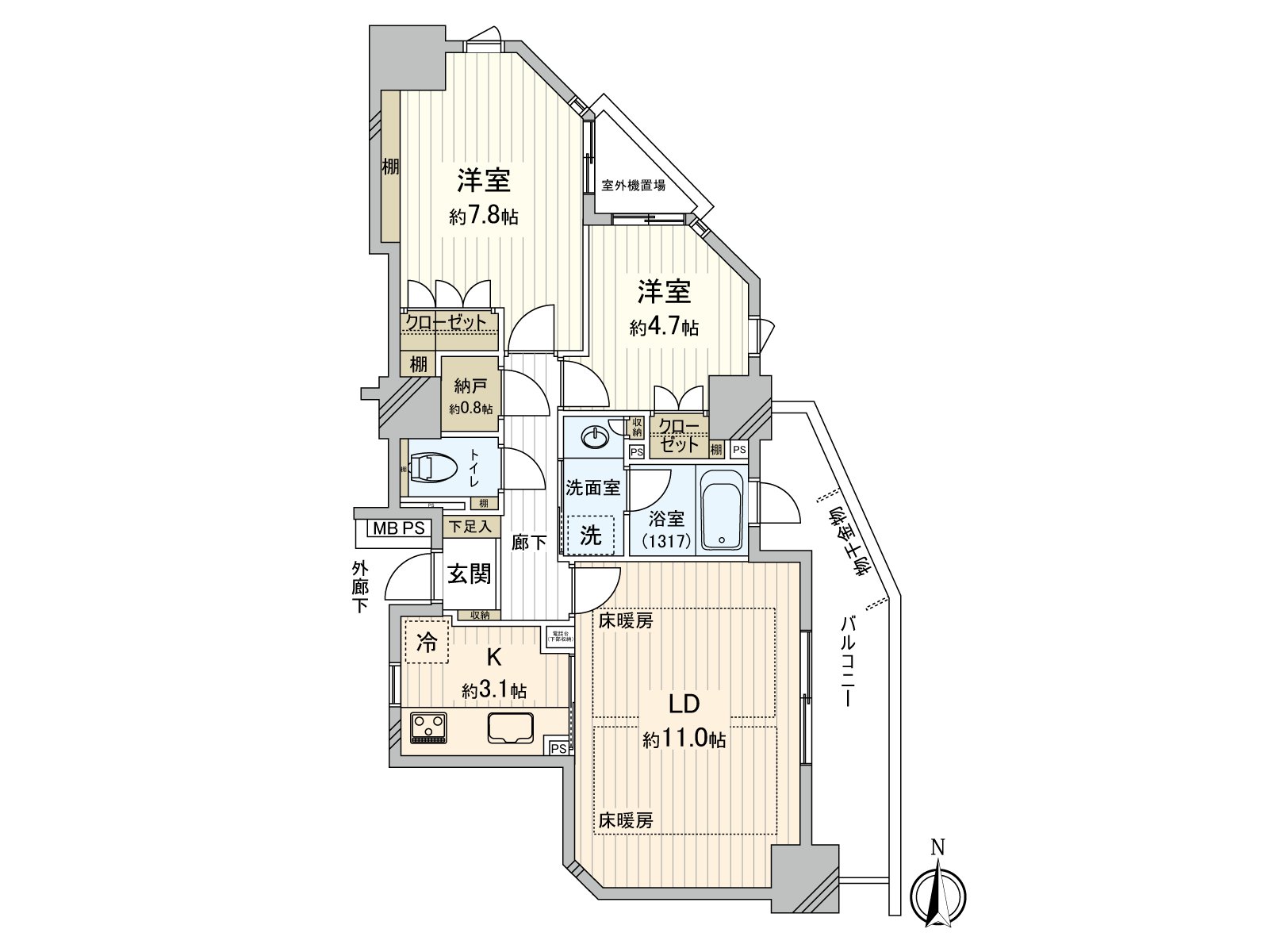 是实际使用面积61.00平米的舒适某一个"2SLDK"住戸。约0.8张塌塌米储藏室或者壁橱(2个地方西式房间)等的丰富的收藏是魅力。因为在浴室，窗被设立所以可以自然的采光、换气。