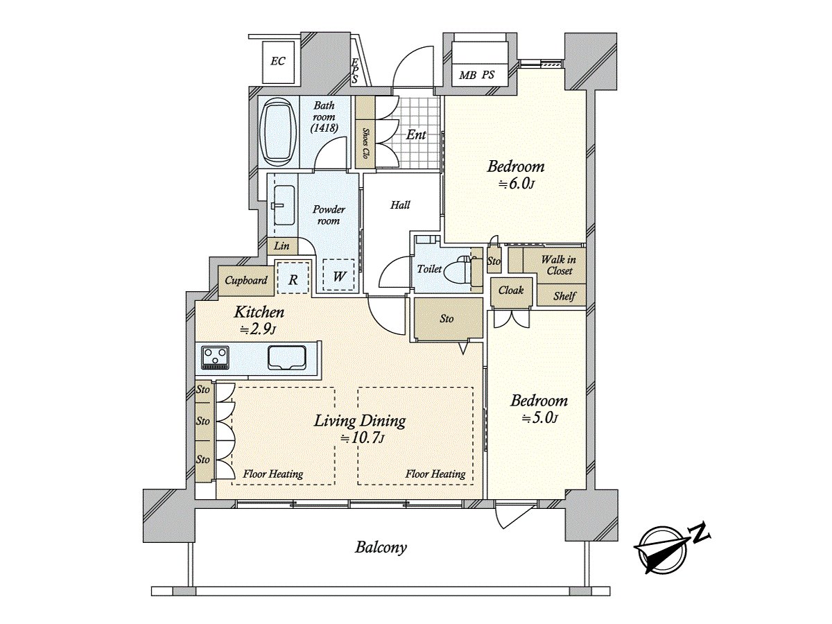私人使用面積：60.93平方公尺，2LDK的間取