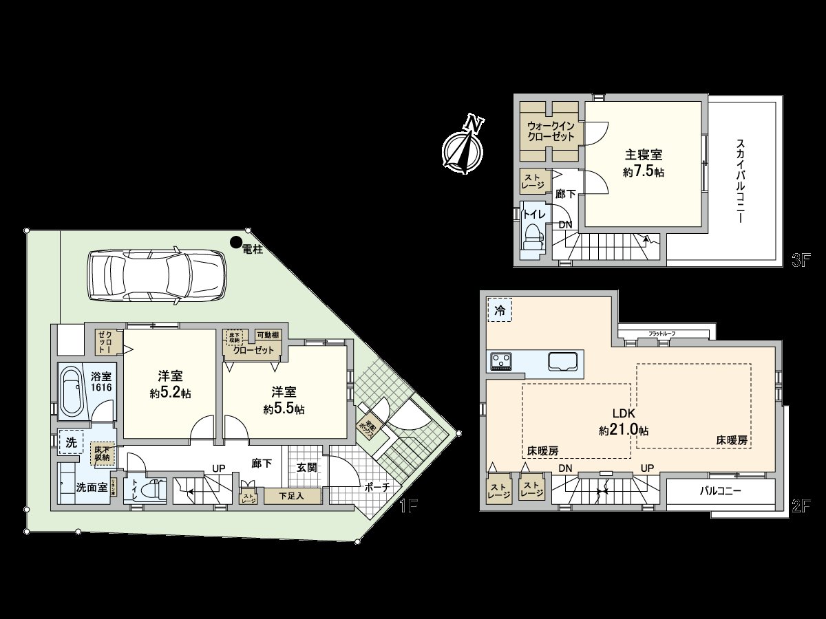 地上３階建て、３LDKタイプ駐車スペース1台分（車種による）、各部屋の収納量も豊富です。