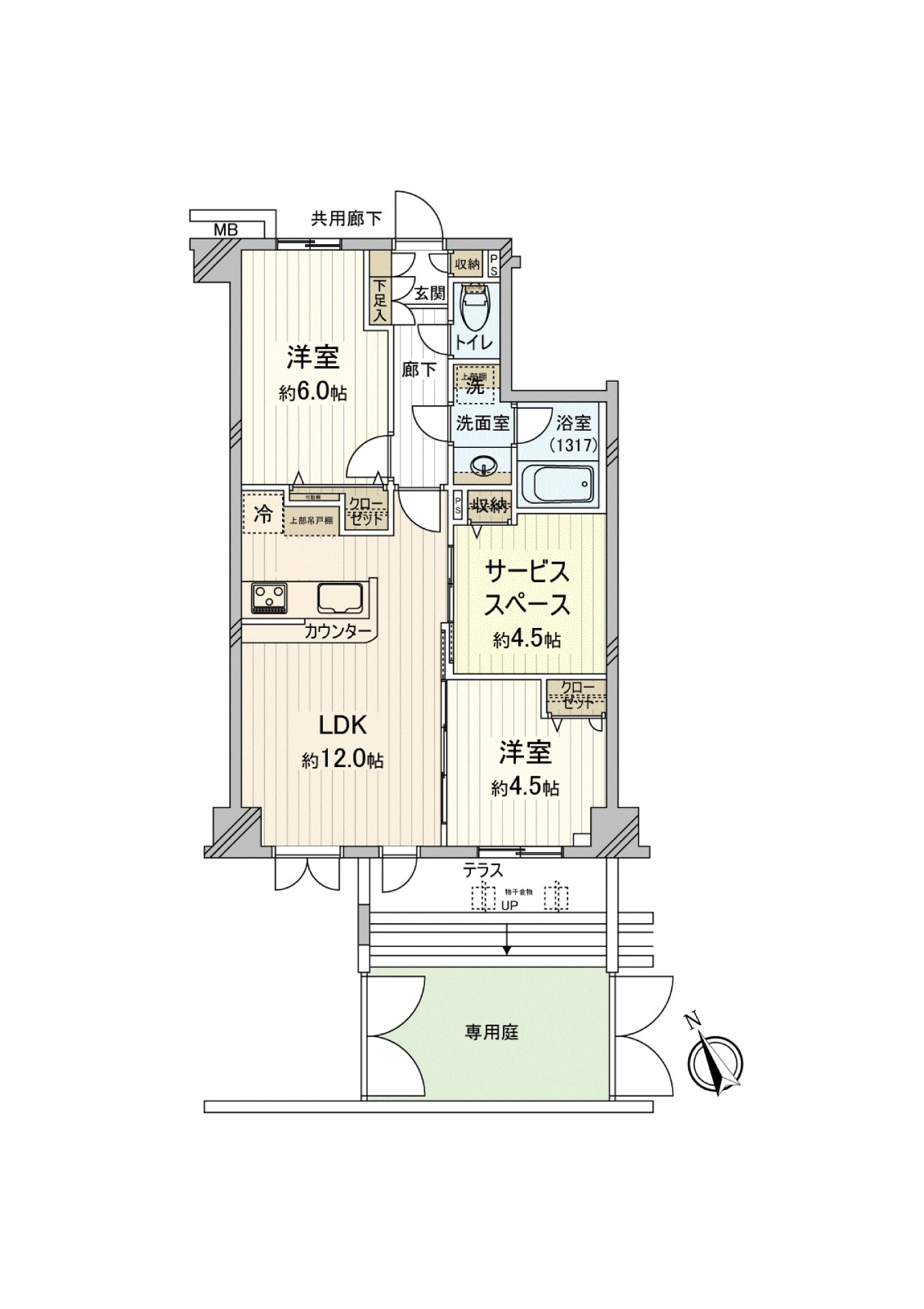 非居室是也能作为房间使用的约4.5张塌塌米面积。不在有专用院子的1階住戸在意对预先阶的生活声音，可以度过。