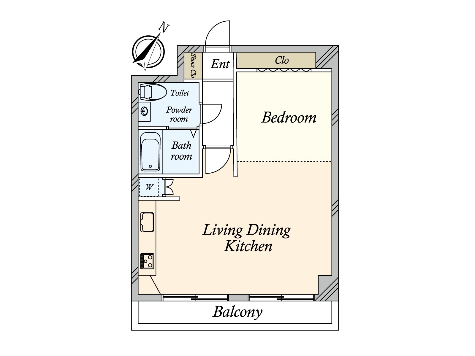 是表示全體房屋的版面設計的平面圖。寢室正和客廳·廚房兼餐室分開，能從朝南的陽台期待著采光。水周圍也正被解決，能確認流跡線以及收納的配置。