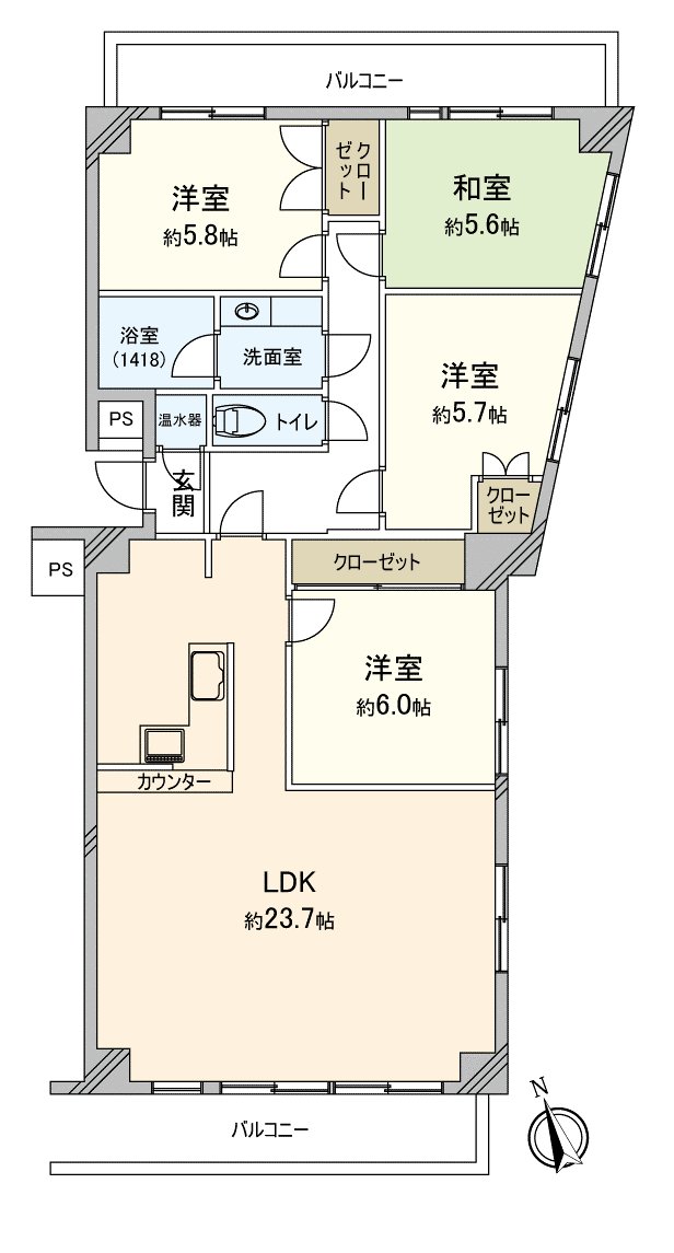 平面圖(南、東、北的3方向房間，兩面派陽台)