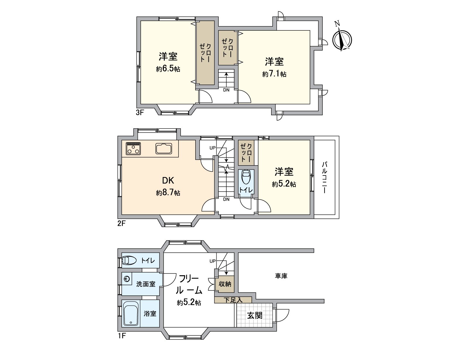 In 1st, about 5.2 quires of free rooms are established. DK is hard to be worried about eyes from the outside for 2nd floor. Each Western-style room is provided with a closet, and the house space is cleared up clearly.