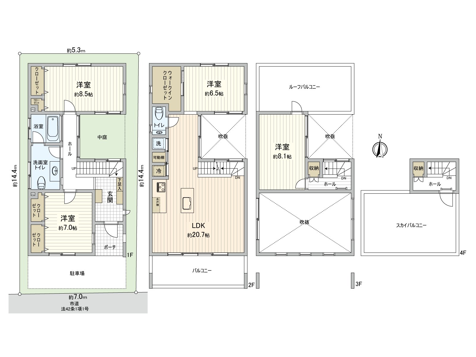 LDK about 20.7 quires are the upper part colonnade specifications with a feeling of opening. In addition to a courtyard, Facing South terrace, roof balcony Sky terrace is installed and can spend time for relaxation slowly.