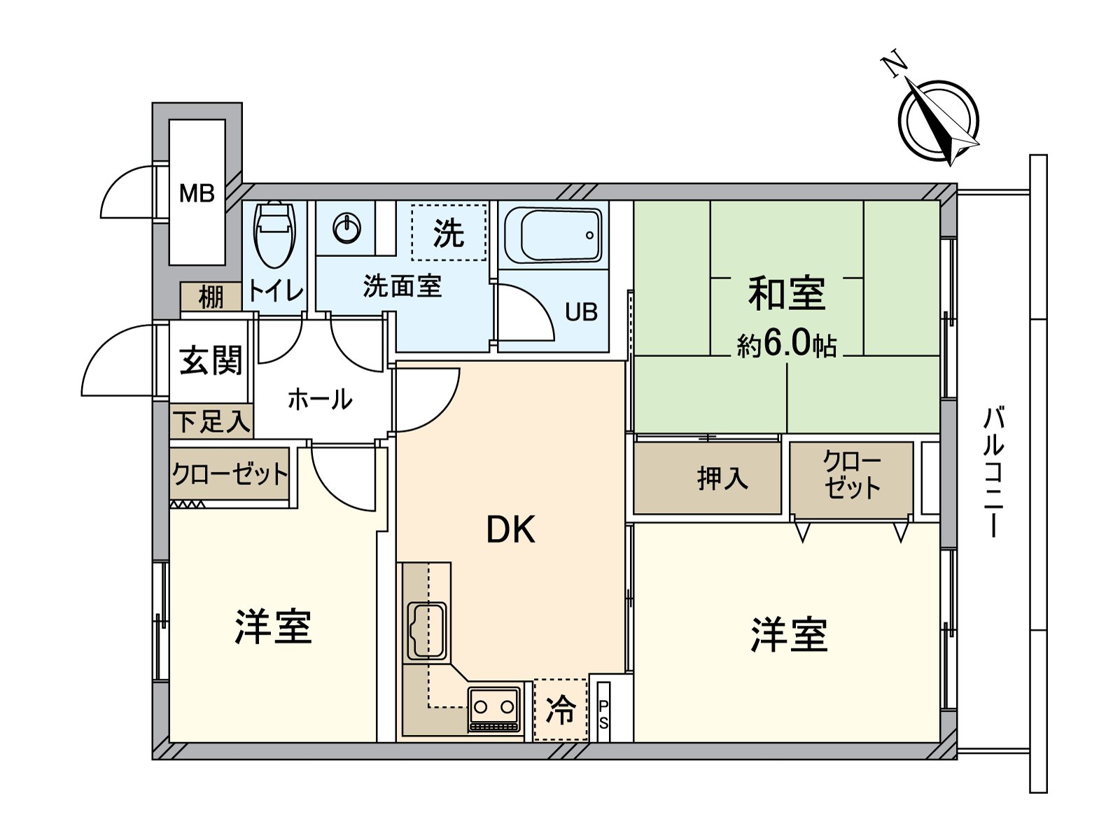 The Western-style room adjacent to DK throws a sliding door open, and on earth the use is possible. The kitchen is provided with an L-shape kitchen having good work efficiency. A washing face room is installed in the left side included at the entrance and it is hand-washable right after return and is hygienic.