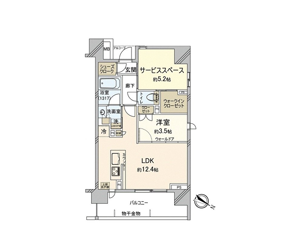 There is the storage space that is rich in service space or the walk-in closet. The Western-style room adjacent to LDK throws a door open, and on earth I can use it, and it is in extensive space.