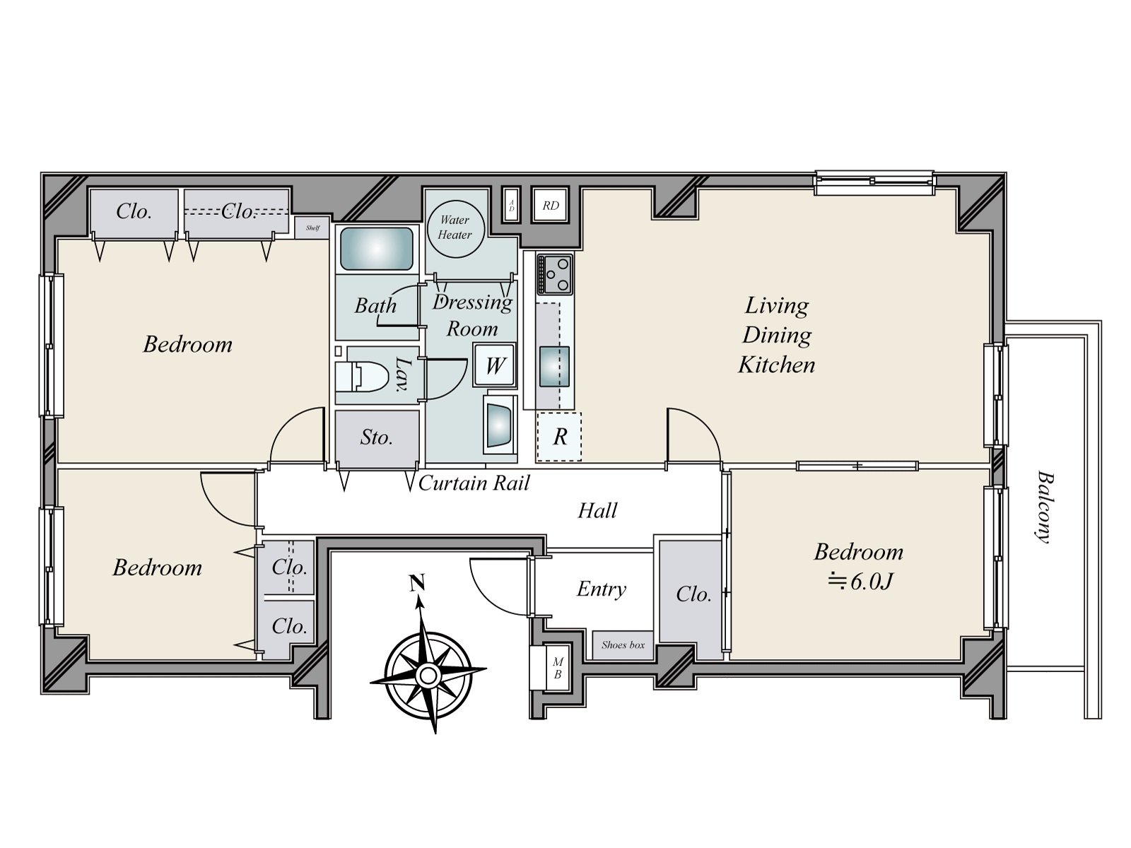 It is the dwelling unit which refreshing asahi inserts facing east. The wall charge account type that the kitchen can effectively utilize limited space. All Western-style rooms and corridors are provided with storing.