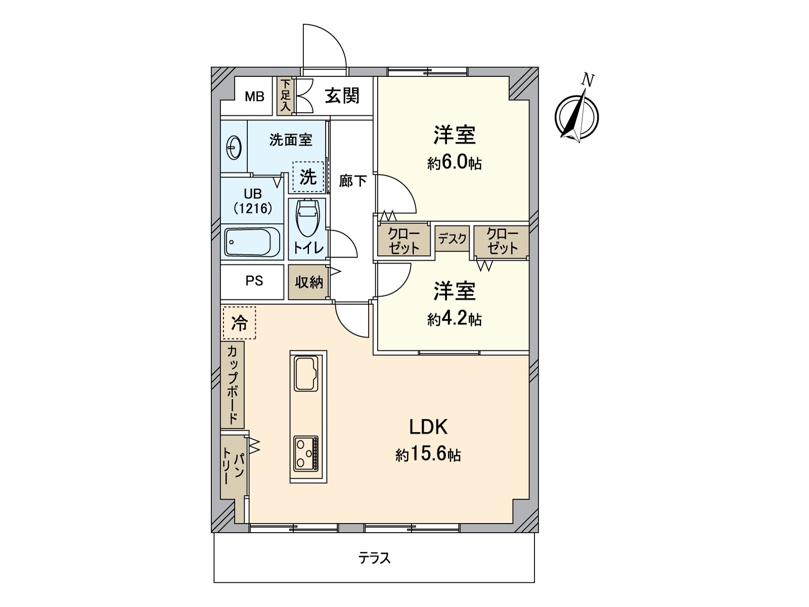 豐富的收藏被設定的住戸。能廣泛地確保住空間。露台被在東南一側設立。