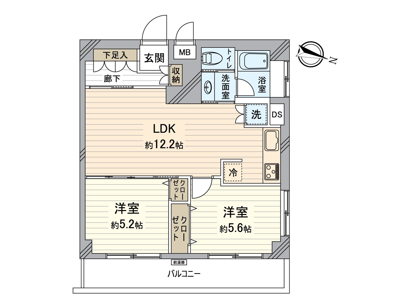 A house of Northeast Orientation 2LDK. By leaving the sliding door of about 5.2 quires of adjacent Western-style rooms open, can use LDK as about 17.4 quires of extensive space.