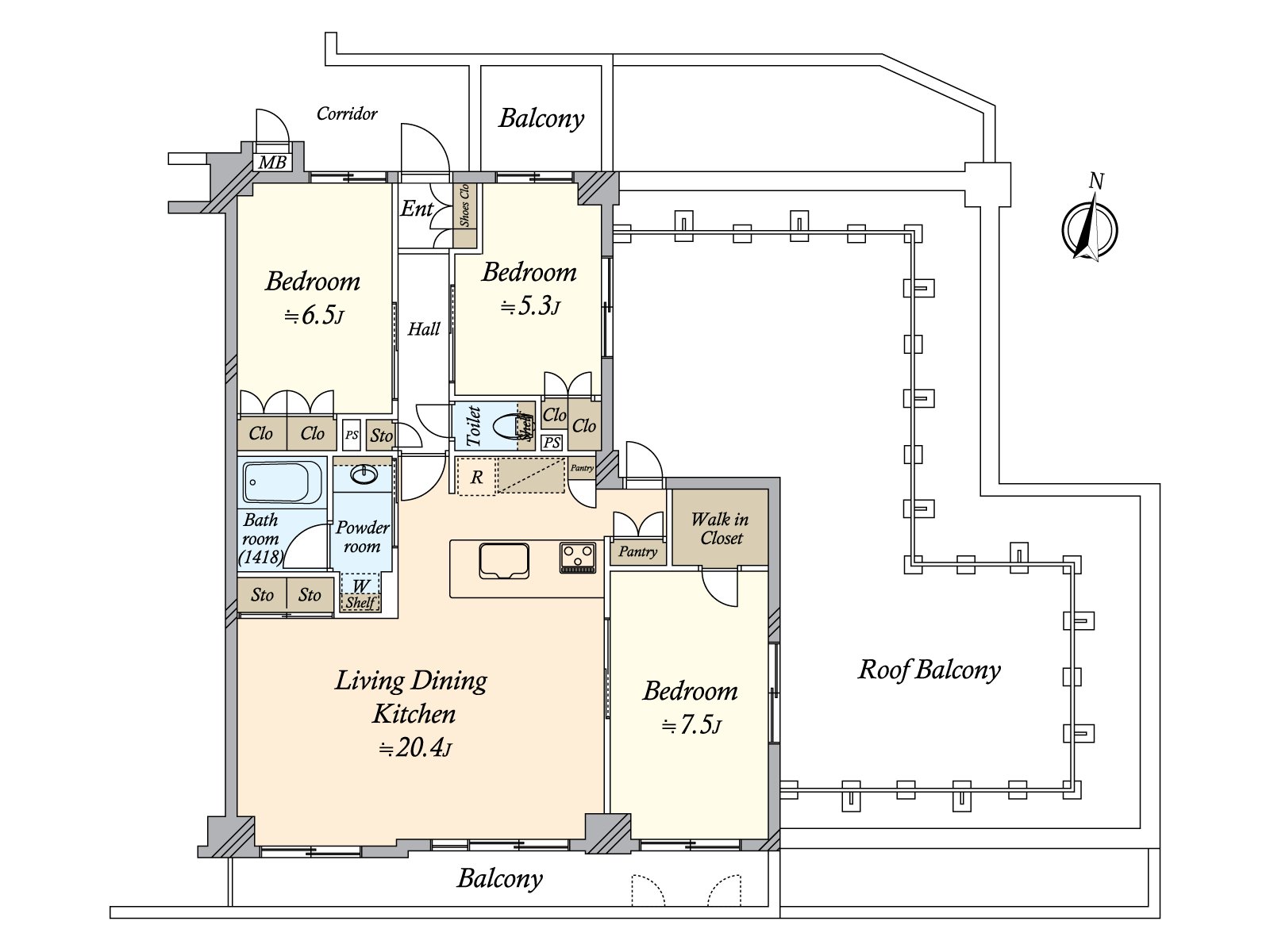LDK能用超过20张塌塌米舒展地生活。收纳被到处设置，能广泛地灵活运用住空間。因为具有屋顶阳台所以作为户外生活◎