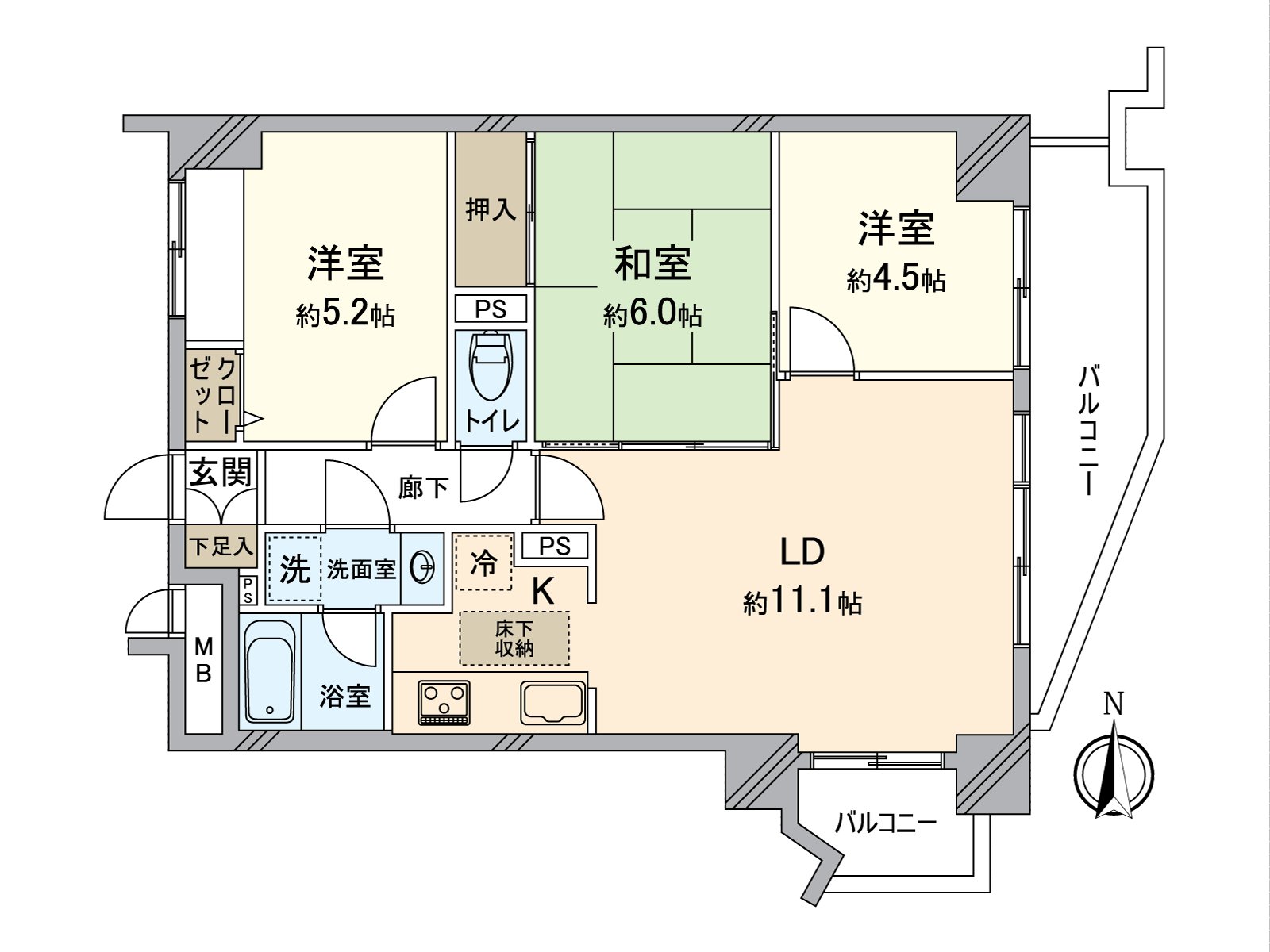 南、東面的2面有陽台"3LDK。"在2022年11月交換水周圍設備(廚房、UB、廁所)，已經全室地板換貼、地板張替等的裝修翻新。