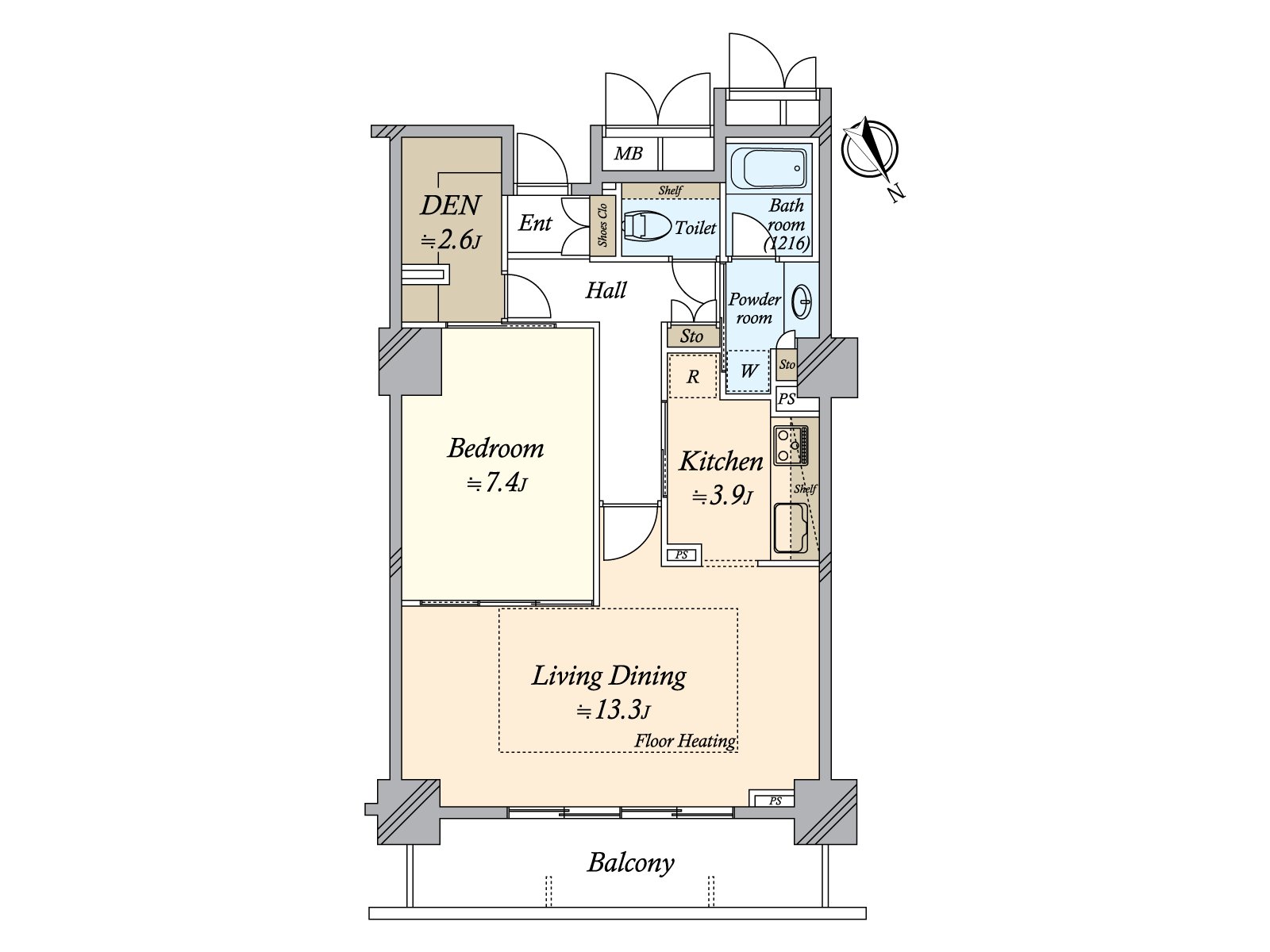 A dwelling unit of the Northeast Orientation. The kitchen can prevent an omission of smell to living and dining for an independent type. Floor heating is set up in living ･ dining.