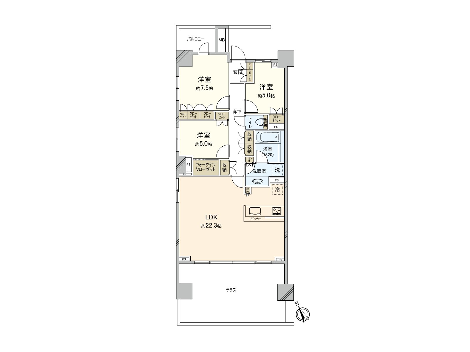 約22.3張塌塌米LDK收納豐富的3LDK1階Terrace面積27.65平方公尺