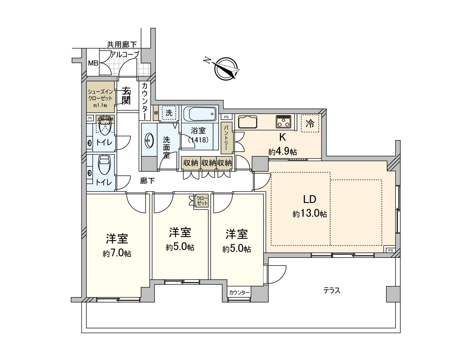 木材露台專用的院子在有專用Terrace，院子的住戸露台是點燈和大粒沙子鋪設