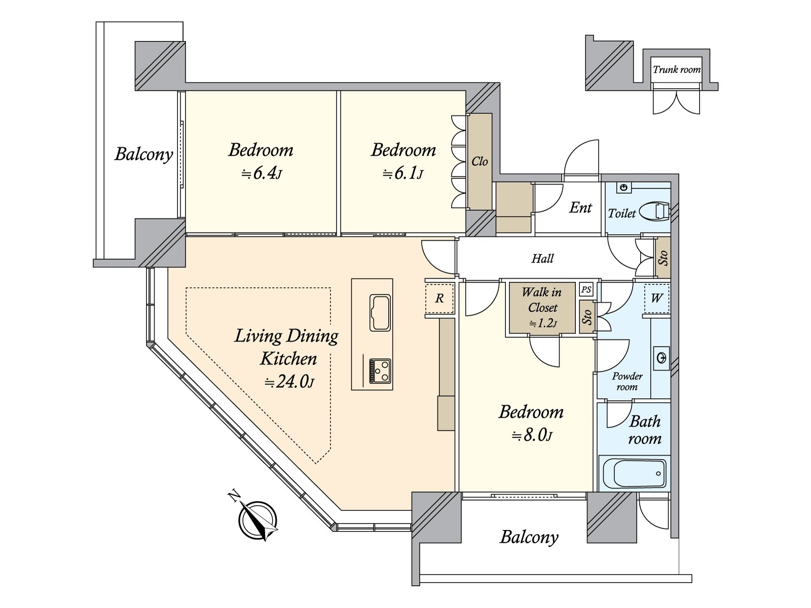 [floor plan] It is Southwest Orientation corner unit of a certain space Plan that six quires of all rooms or more were secured. I take in Hikari and wind from two terrace and can realize comfortable house environment brightly. The storage space is satisfying, too.