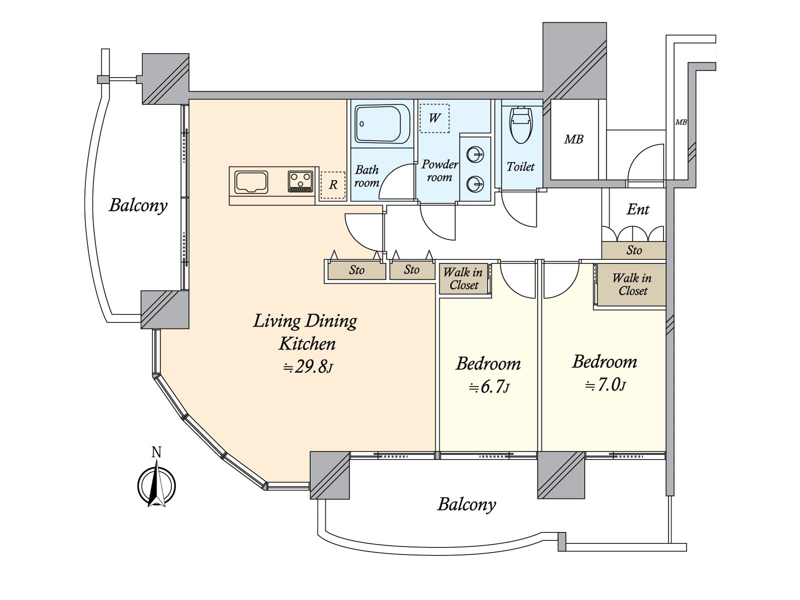 It is a certain space Southwest corner unit. Terrace is established to two of the South ･ West and is good with the lighting ･ ventilation. I can change Plan of it to 3LDK from 2LDK (separately expense required).