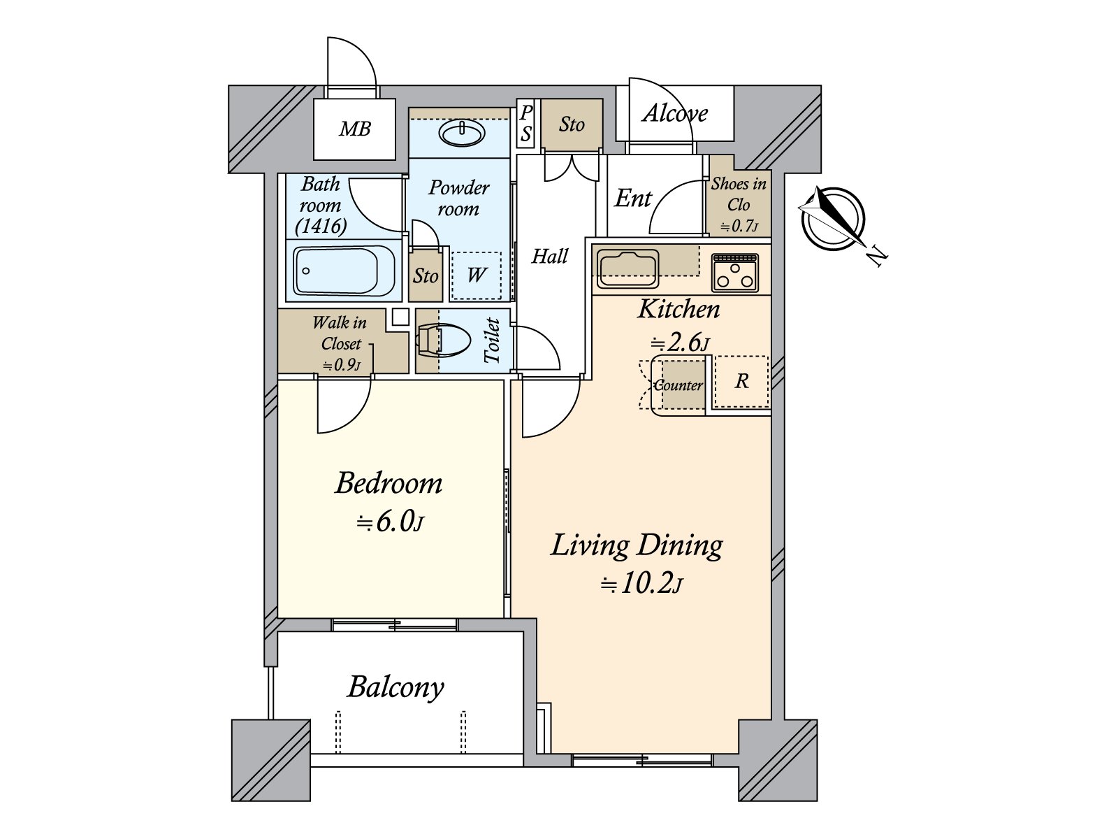 [floor plan] With abundant storing including the walk-in closet. About six quires of Western-style rooms and about 10.2 quires of LDK one is available for the use.