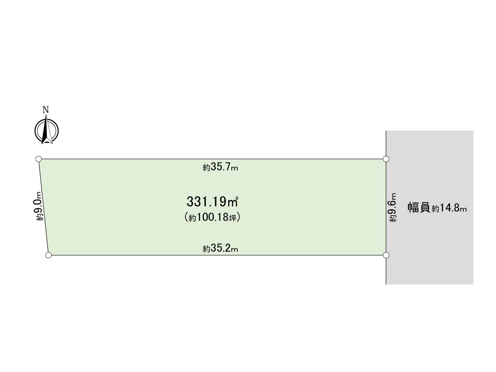 正面宽度约9.6m，约纵深35m