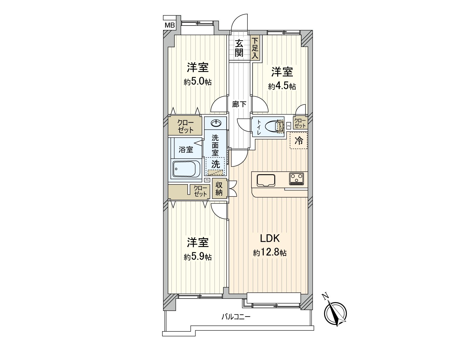 私人使用面積60.90平方公尺的3LDK的房型
