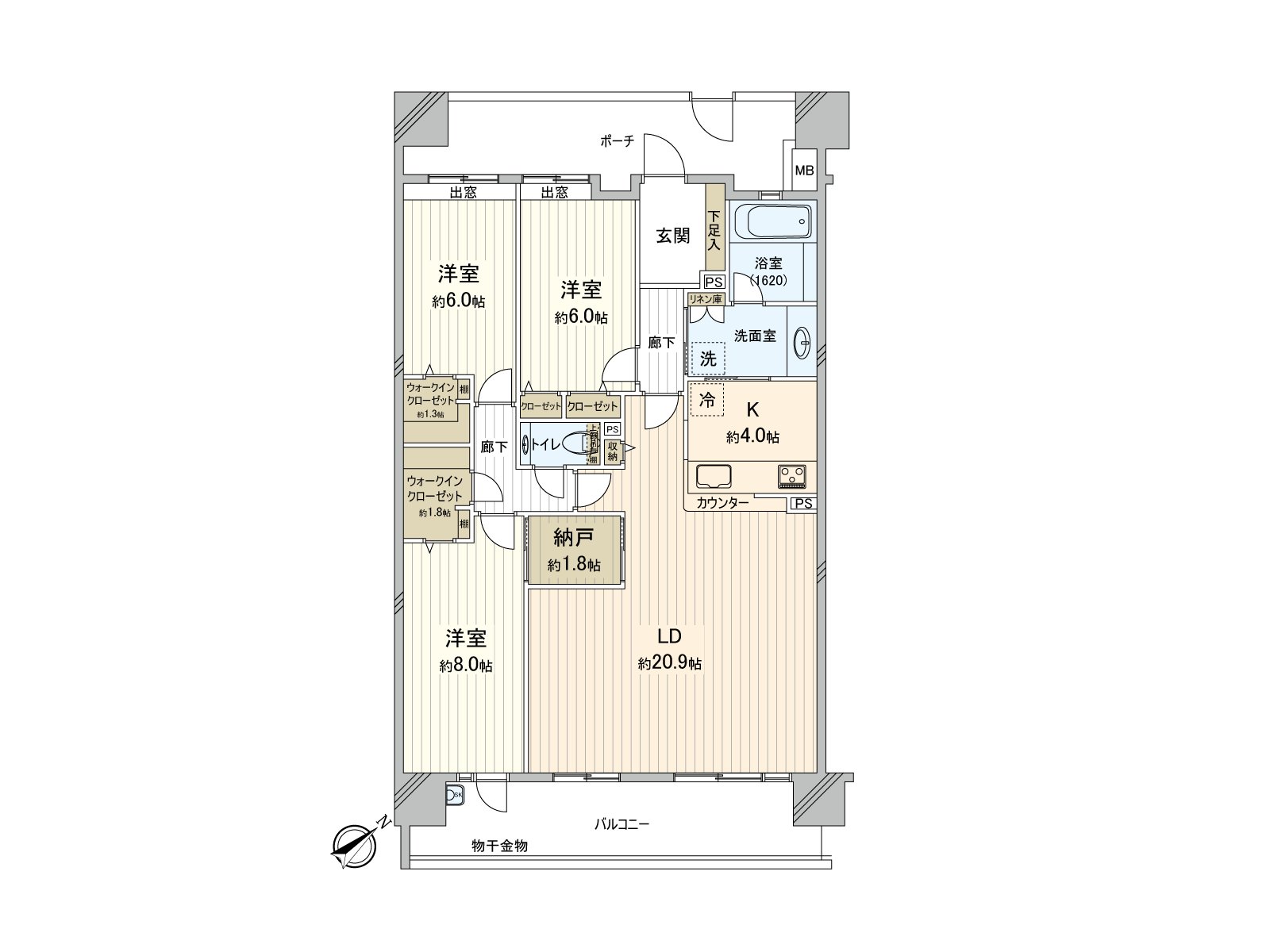 实际使用面积约102平米的宽敞的3LDK的房型
