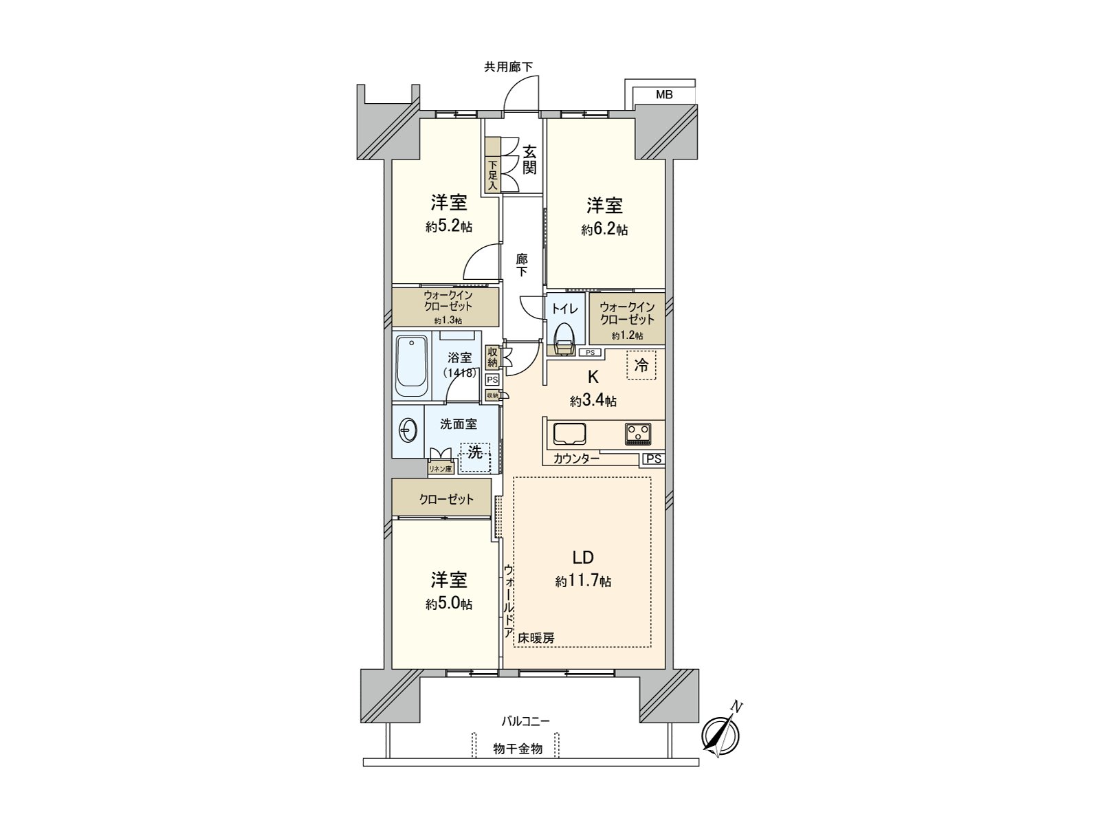 [Floor plan] 3LDK of 72.6 square meters of exclusive area