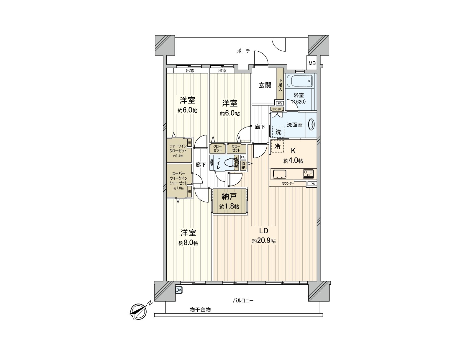是面向私人使用面積102.34平方公尺(約30.95坪)3LDK東南的房間。