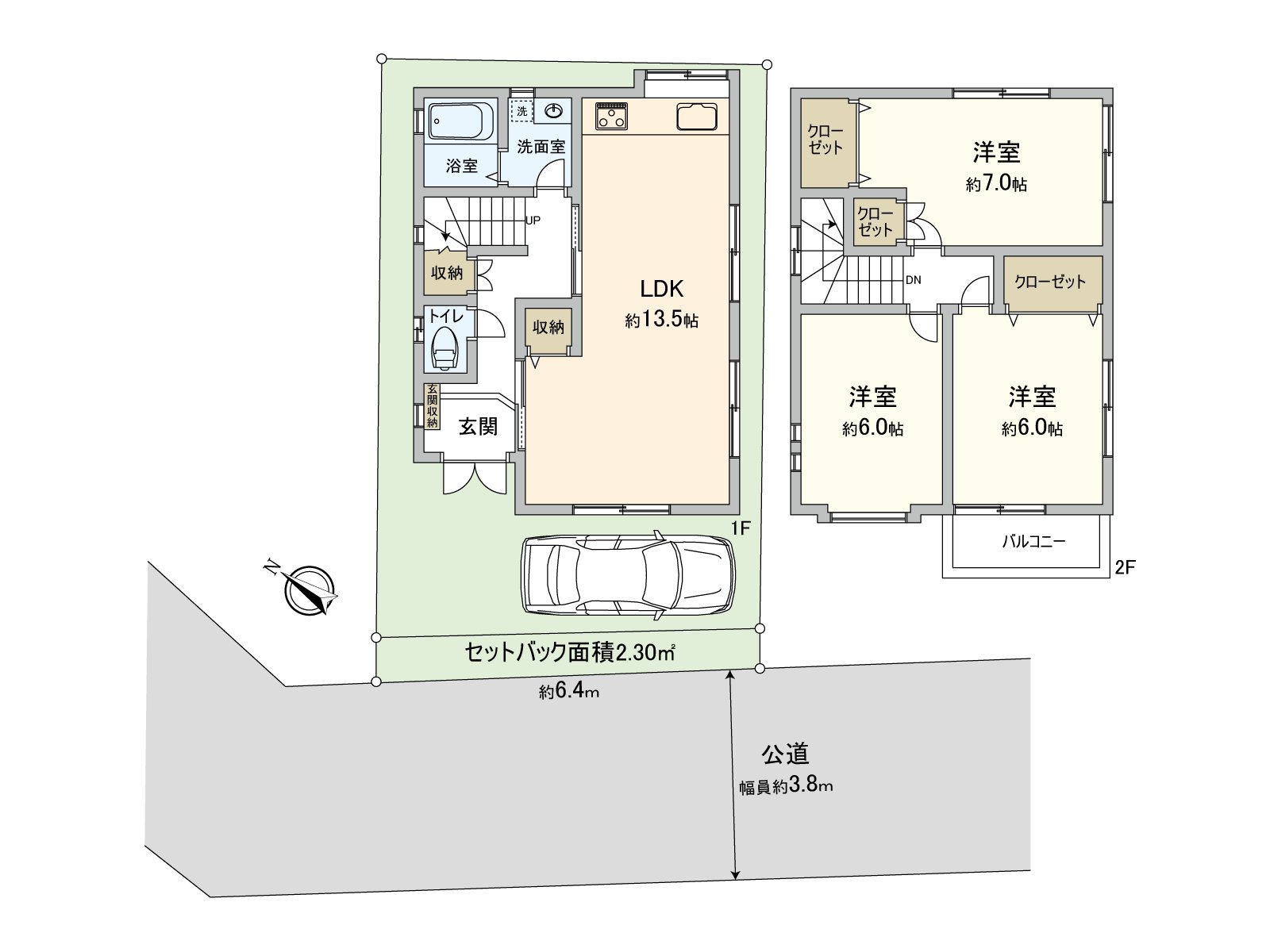 3LDK type of total floor area about 77 square meters