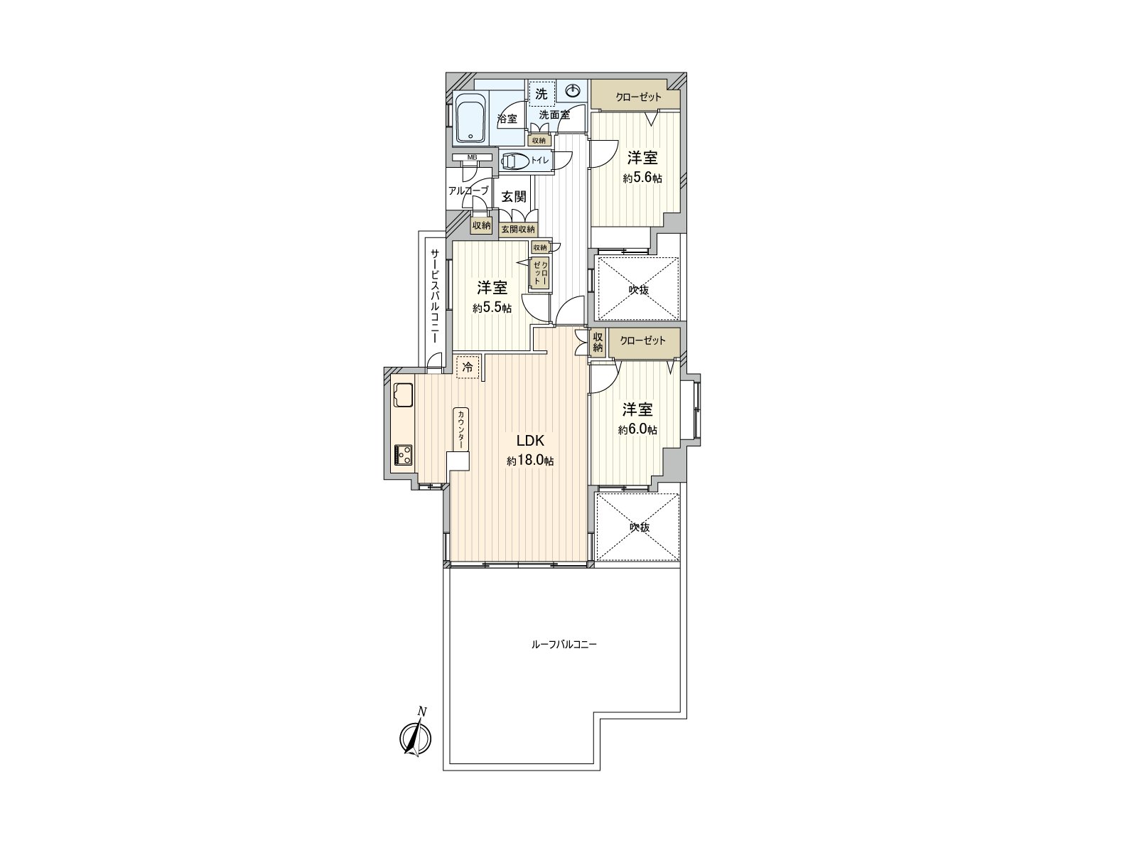 实际使用面积约81.75平米的3LDK型