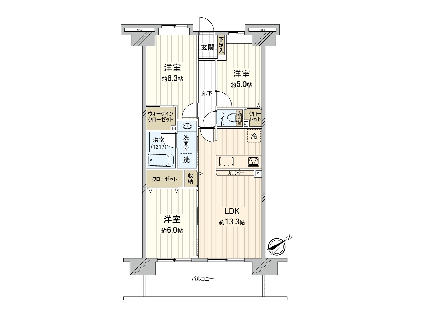 实际使用面积约67.2平米的3LDK型
