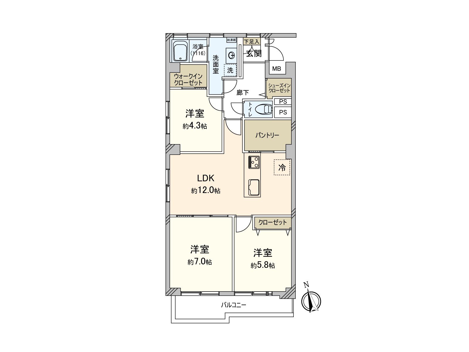 3LDK type of exclusive area about 72.08 square meters