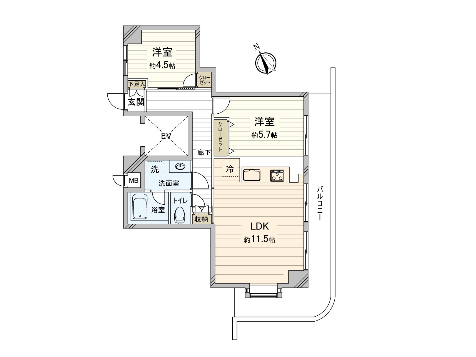 2LDK type of exclusive area about 57.15 square meters